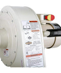 Close-up view of W1826 Wall Mounted Dust Collector with safety labels, 2.5 micron filtration, 1 HP motor, 4 inch intake, white finish.