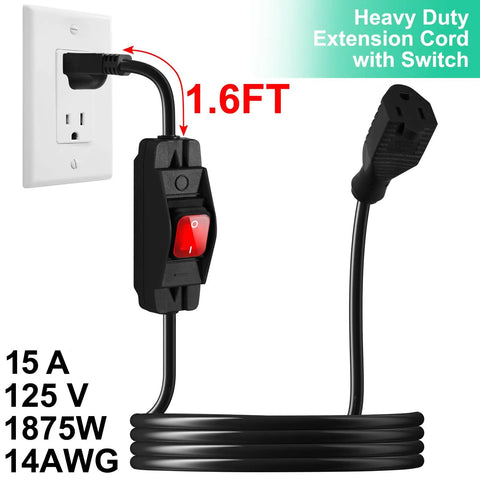 Heavy Duty Outdoor Waterproof Extension Cord With On Off Switch, 6 Foot SJTW Power Cable, 125V 250V Rated, UL Listed