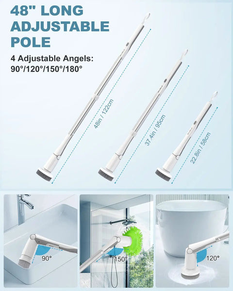Cordless Spin Scrub With 600 RPM Power, Adjustable Long Handle, 5 Replaceable Brush Heads, pole adjustment angles shown