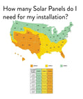Map of the US showing solar panel installation zones with color-coded regions and a legend indicating panel count needed by sunlight exposure.