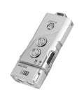 E4 Titanium Pocket Flashlight 700 Lumen USB C Rechargeable Dual Power Keychain Light, silver finish with buttons visible.