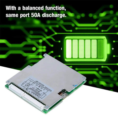 Workhorse 24 String 50 Amp 3.7 Volt Li Ion Lipo Bms Protection Circuit Board With Same Port Balancing And Zero Hassle Overcharge Safety For Pro Grade Battery Packs with green battery indicator.