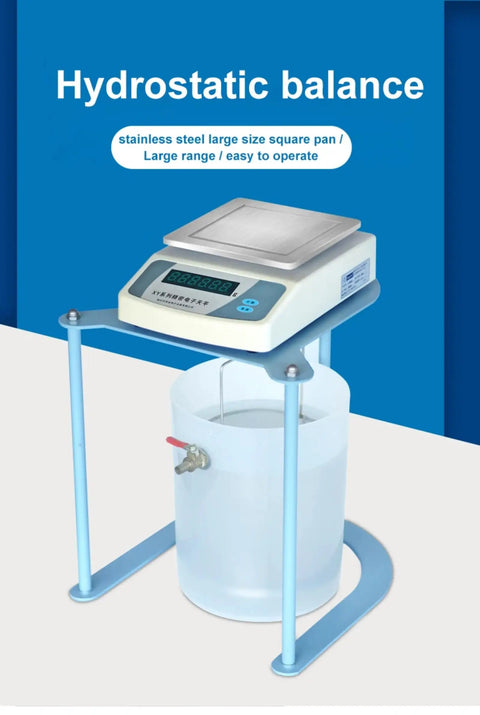 Hydrostatic balance with stainless steel large size square pan for precise measuring, ideal for laboratory applications.
