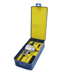 Jiawu Sheet Metal Cutter Drill Attachment Nibbler Tool For Precise 360 Rotating Slitting Iron Stainless Steel Wood Plastic Works With Electric Drills Versatile Fast Cutting Accessory shown in blue case with yellow interior.