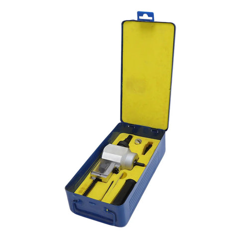 Jiawu Sheet Metal Cutter Drill Attachment Nibbler Tool For Precise 360 Rotating Slitting Iron Stainless Steel Wood Plastic Works With Electric Drills Versatile Fast Cutting Accessory shown in blue case with yellow interior.