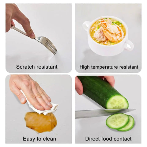 Image showing features of a surface: scratch resistance with fork, high temperature resistance with soup, easy to clean, direct food contact.