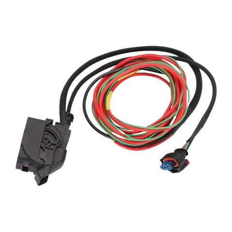Heavy Duty Tesla Compatible Wiring Harness With Thick Insulation To Block Fraying And Shorts Craft with braided sleeve, red, green, and black wires.