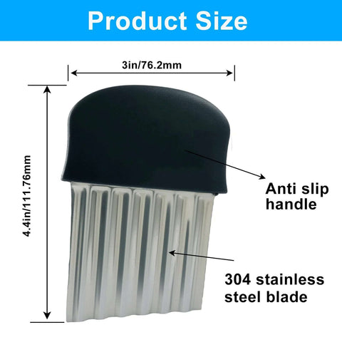 Close-up of black anti-slip handle crinkle cutter with 304 stainless steel blade; 3in wide, 4.4in tall.