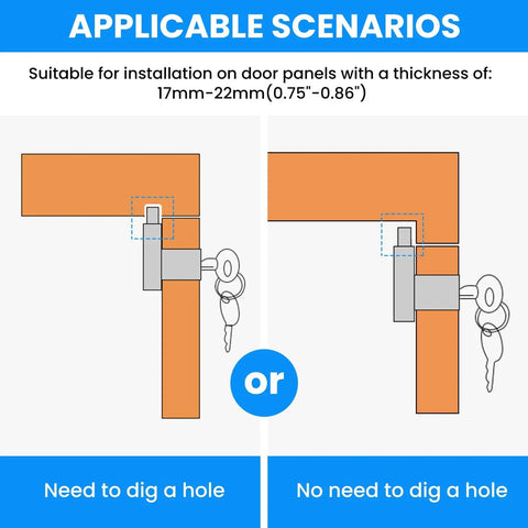 Illustration showing installation options for Heavy Duty Zinc Alloy Drawer Lock With Chrome Finish And Matching Screws on door panels.