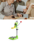 Ycauty Adjustable Mini Bench Drill Press Stand With 360 Degree Rotation Electric Rack Holder For Home Use Steel And Plastic Projects Height Flexible Clamp Tool Accessory Solid Build, green and yellow design.