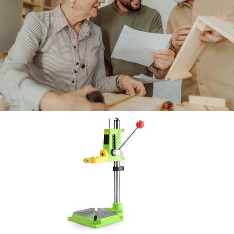 Ycauty Adjustable Mini Bench Drill Press Stand With 360 Degree Rotation Electric Rack Holder For Home Use Steel And Plastic Projects Height Flexible Clamp Tool Accessory Solid Build, green and yellow design.
