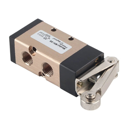 Compact Aluminum 2 Position 5 Way Pneumatic Reversing Valve with Roller Lever, 1/4 Inch PT Connection, angled view