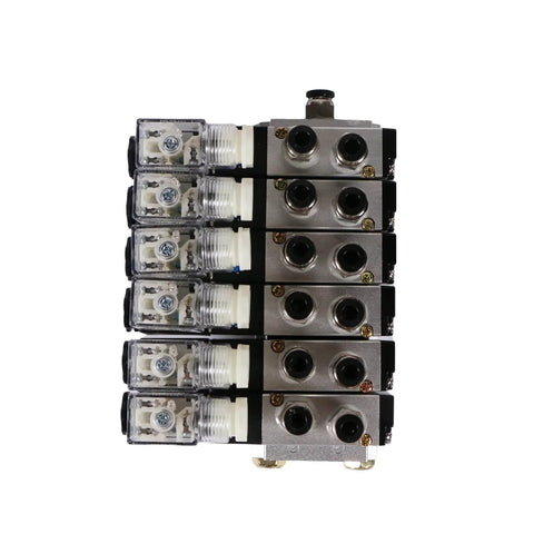 Top view of 4V210-08 six valve pneumatic solenoid valves with 1/4 inch NPT threads, 2 position, 5 way on a compact manifold base, DC 24V.