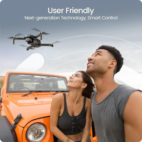 People watching HS360S Foldable GPS Drone With 4K UHD Camera for adults and newbies flying near an orange car.