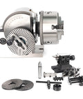 Heavy Duty Precision Dividing Head With Three Jaw Chuck And Full Sweep Rotary Table Tailstock Mount For Benchtop Milling Machines is shown with accessories.