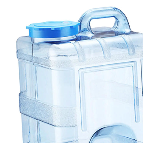 15 Liter Camping Water Container With Lid For Outdoor Use, Food Grade PC, showing blue lid and handle, leakproof wide mouth design