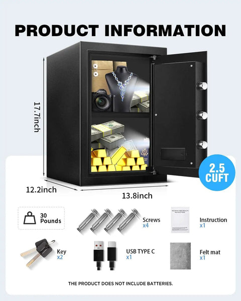 2.5 Cu Ft Home Safe Box, Heavy Duty Steel Digital Lock Security Safe With LED Light, Type-C External Charge, open with valuables inside