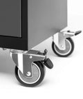 Close-up of wheels on the Red Bold Six Piece Garage Cabinet Storage Setup Built Tough With 24 Gauge Steel Welded Frames.