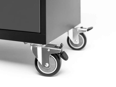 Close-up of wheels on the Red Bold Six Piece Garage Cabinet Storage Setup Built Tough With 24 Gauge Steel Welded Frames.