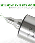 Close-up of an MT3 60 Degree CNC Revolving Live Center High Precision 0.0002 Inch, for lathe and metal turning, carbon steel.
