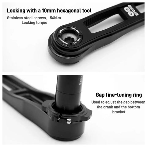 Ultralight Road Bike Crankset With Hollow Tech Arm And Bottom Bracket Sizes 160 165 170mm showing locking and gap tuning details