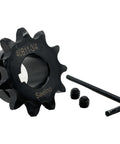 40B11 Type B Sprocket for ANSI 40 Roller Chain Three Quarter Inch Bore Eleven Tooth Heavy Duty Hardened 1045 Carbon Steel with Rust Resistant Finish Half Inch Pitch Drive Sprocket for 40 Chain, blackened finish, shown with screws and wrench.