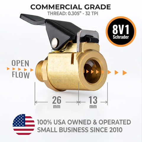 Pro Grade Quick Connect Tire Inflator Chuck Accessory Open Type Universal Valve Fit brass with measurements shown