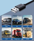 Rugged Car Vent USB Fan Built Specifically For Tesla Cybertruck Crew Chasing Top Tier Airflow And Super Quiet Cooling To Stay Frosty In Hot Summers, showing USB connection and vehicle types.