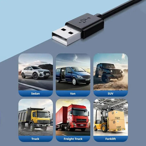 Rugged Car Vent USB Fan Built Specifically For Tesla Cybertruck Crew Chasing Top Tier Airflow And Super Quiet Cooling To Stay Frosty In Hot Summers, showing USB connection and vehicle types.