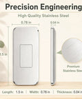 Six Pack Magnetic Cabinet Door Catches Ultra-Thin Adhesive Latches made of stainless steel, showcasing dimensions of 1.5 x 0.78 x 0.04 inches.