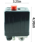 Front view of Vertical Four Way Air Compressor Pressure Switch 90-120 PSI 240V Black, Plug And Play High Flow Controller, dimensions shown.