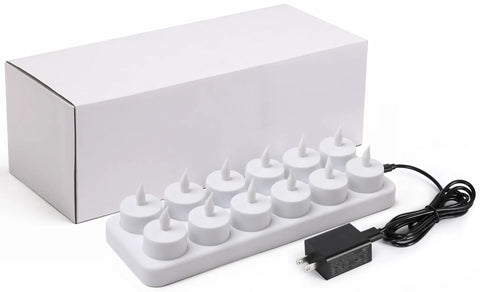 Rechargeable Tealights Flickering Flameless Candles With Charging Base And AC Adapter 12 Pack LED Tealight Set on tray