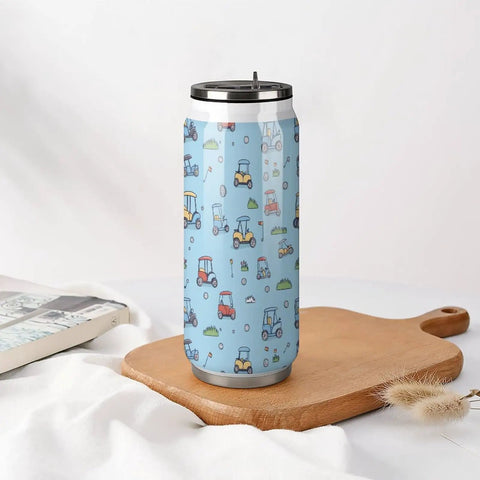 Boss Level 304 Stainless Steel Insulated Tumbler With Secure Straw Lid And Leak Proof Screw Cap, Golf Cart Ready Travel Coffee Mug with playful golf cart design.