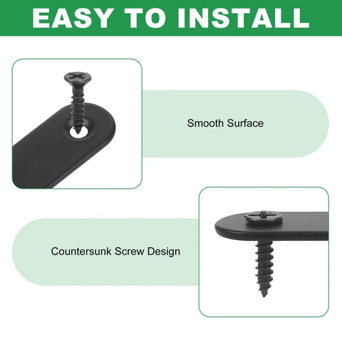 Close-up of Heavy Duty Stainless Steel Straight Brackets 40 Pack To Nail Down Bed Frames And Shelves Matte Black with countersunk screw design.