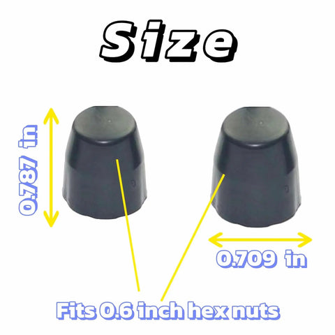 8 Pack Bicycle Axle Dust Cover Replacement Set showing individual black plastic caps with dimensions, fits 0.6 inch hex nuts