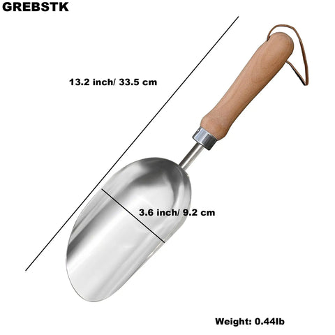 Beefy Capacity Garden Scoop Stainless Steel Soil Shovel with 3.6-inch blade and beech handle, ideal for gardening and farming.