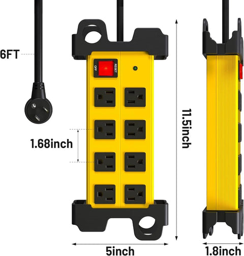 Heavy Duty Shop Workhorse Power Strip With Eight Widely Spaced Outlets And 2700J Surge Protection Six Foot Extension Cord, 5x11.5 inch.