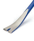 42-Inch Demolition Crowbar With Beveled Ends For Maximum Leverage And Torque, close-up of beveled ends, solid steel, blue grip