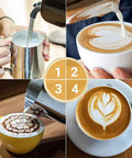 Stainless Steel 304 Milk Frothing Pitcher Cup 12oz 350ml With V Mouth Design For Latte Art in use with cappuccino and espresso art.