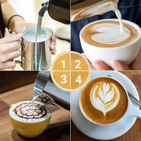 Stainless Steel 304 Milk Frothing Pitcher Cup 12oz 350ml With V Mouth Design For Latte Art in use with cappuccino and espresso art.