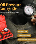Oil pressure tester gauge kit in red hard case with hoses and adapters for car/truck engine diagnostics