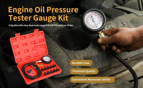 Front view of oil pressure tester gauge kit in a red case with hose and adapters for cars/trucks, 0–140 PSI.