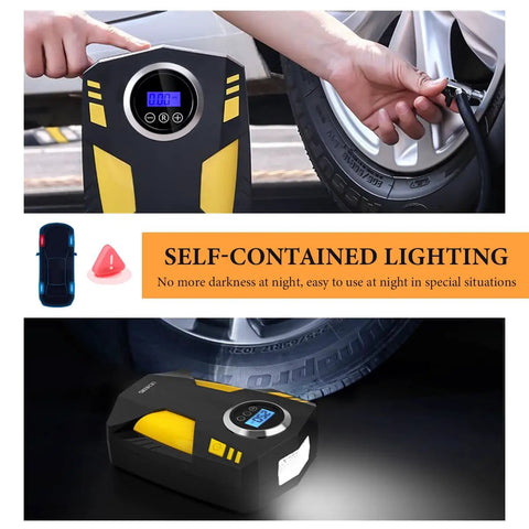 Straight Up Reliable 12V Tire Inflator Air Compressor With Digital Pressure Gauge Led Light Auto Shutoff Portable Pump for car, highlighted LED light.