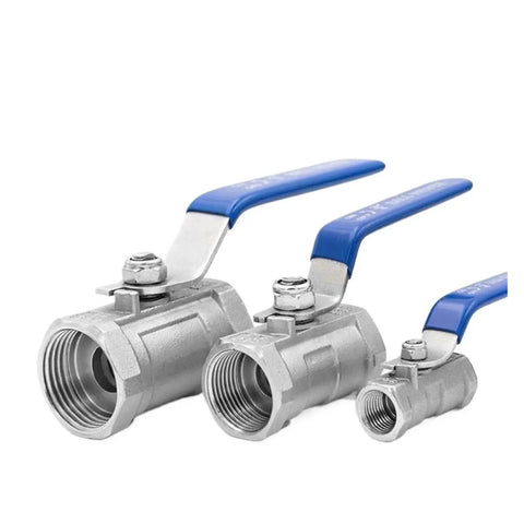 Heavy Duty Female Threaded Ball Valve Switch With Lock Tight Seal And Runs Slick Handle Design For Reliable Pipeline Fluid Control And Long Term Leak Free Operation Performance Guarantee - three sizes with blue handles.