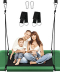 Family sitting on 60 Inch Rectangular Tree Swing For Kids And Adults Adjustable Platform With Hanging Straps 700 Lb Capacity Waterproof Giant Backyard Swing For Indoor Or Outdoor Use Heavy Duty Powder Coated Frame In Green And Black