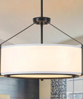 Grab This 20 Inch Drum Chandelier With 5 Lights For Instant Modern Farmhouse Vibes Featuring Soft White Linen Shades And Sleek Black Frames