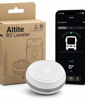 Hassle Free Wireless RV Leveling System With Bluetooth App Control For Travel Trailers Fifth Wheels And Motorhomes Features Real Time Pitch Roll Monitoring To Park Dead Center Without Breaking A Sweat, shown with app display and packaging.