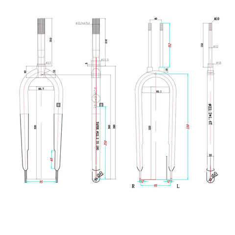 Technical drawing of 26 Inch Springer Suspension Fork For Cruiser Chopper Bikes, Dual Spring Steel Fork With 1 Inch Threaded And Headset Compatibility.