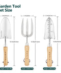 Three Piece Garden Tool Set With Wooden Handles Stainless Steel Trowel Weeding Fork And Digging Shovel With Size Details