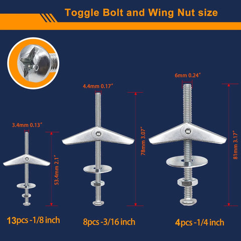 Image showing toggle bolts and wing nut sizes from 100-Piece Heavy Duty Toggle Bolts And Drywall Anchors Assortment Kit